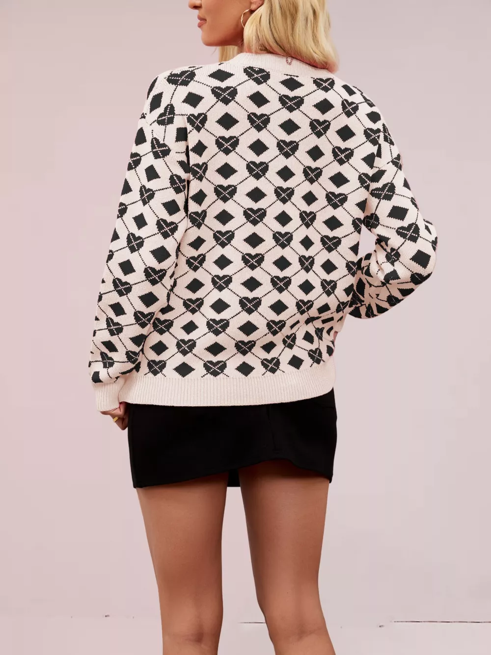 Heart & Diamond Pattern Long Sleeve Sweater, image 12