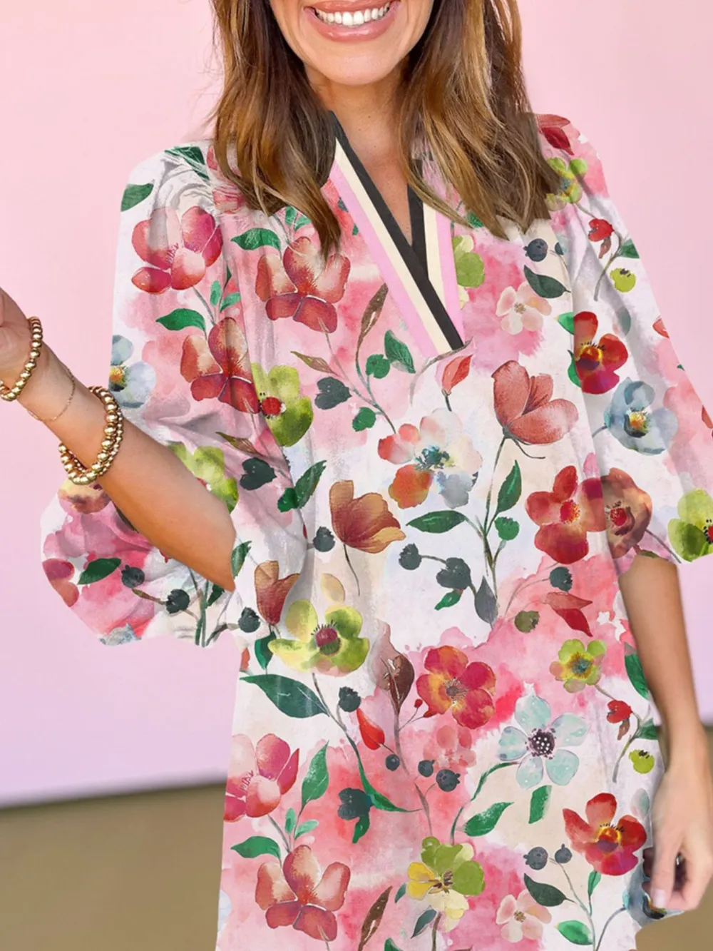 Floral Print Notched Tunic Dress, image 2