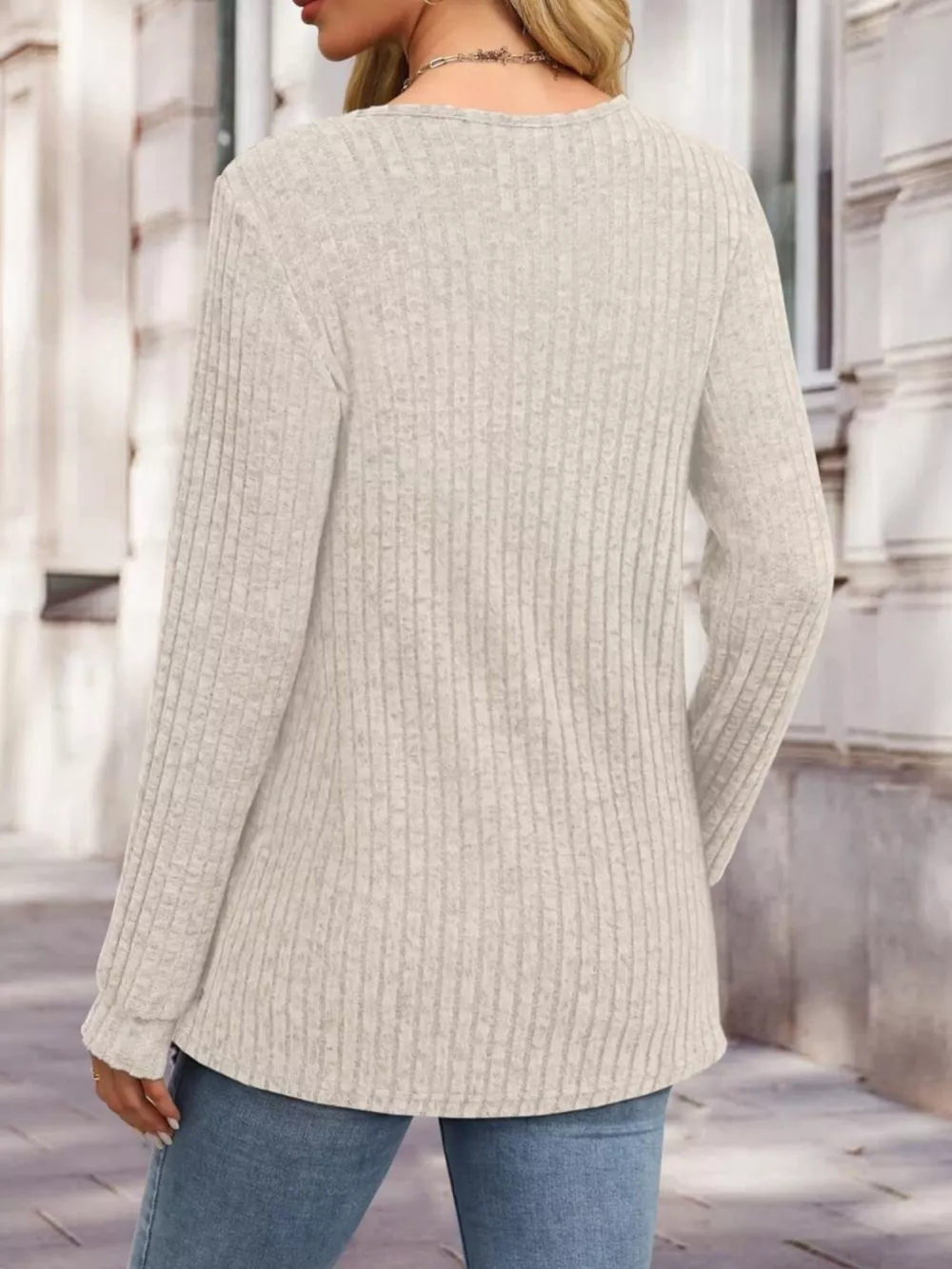 Ribbed Knit Button-Front Long Sleeve T-Shirt, image 24
