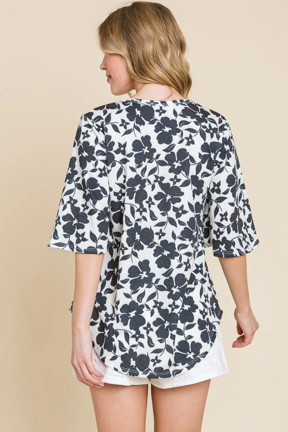Floral Decorative Button V-Neck Top, image 2