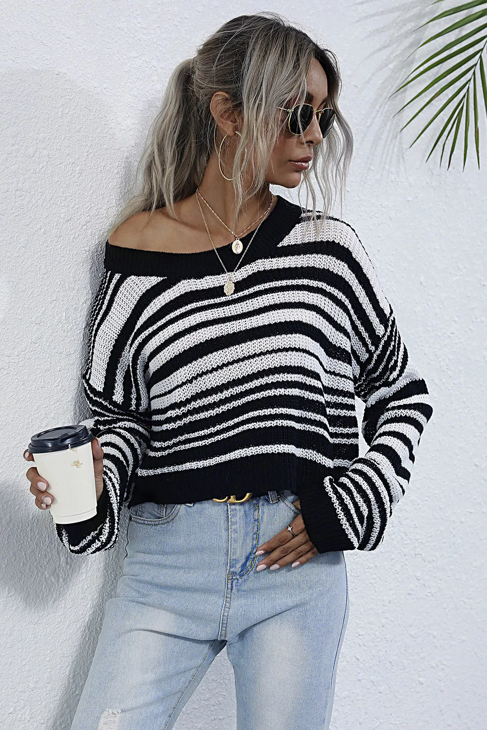 Striped Round Neck Dropped Shoulder Sweater, image 4