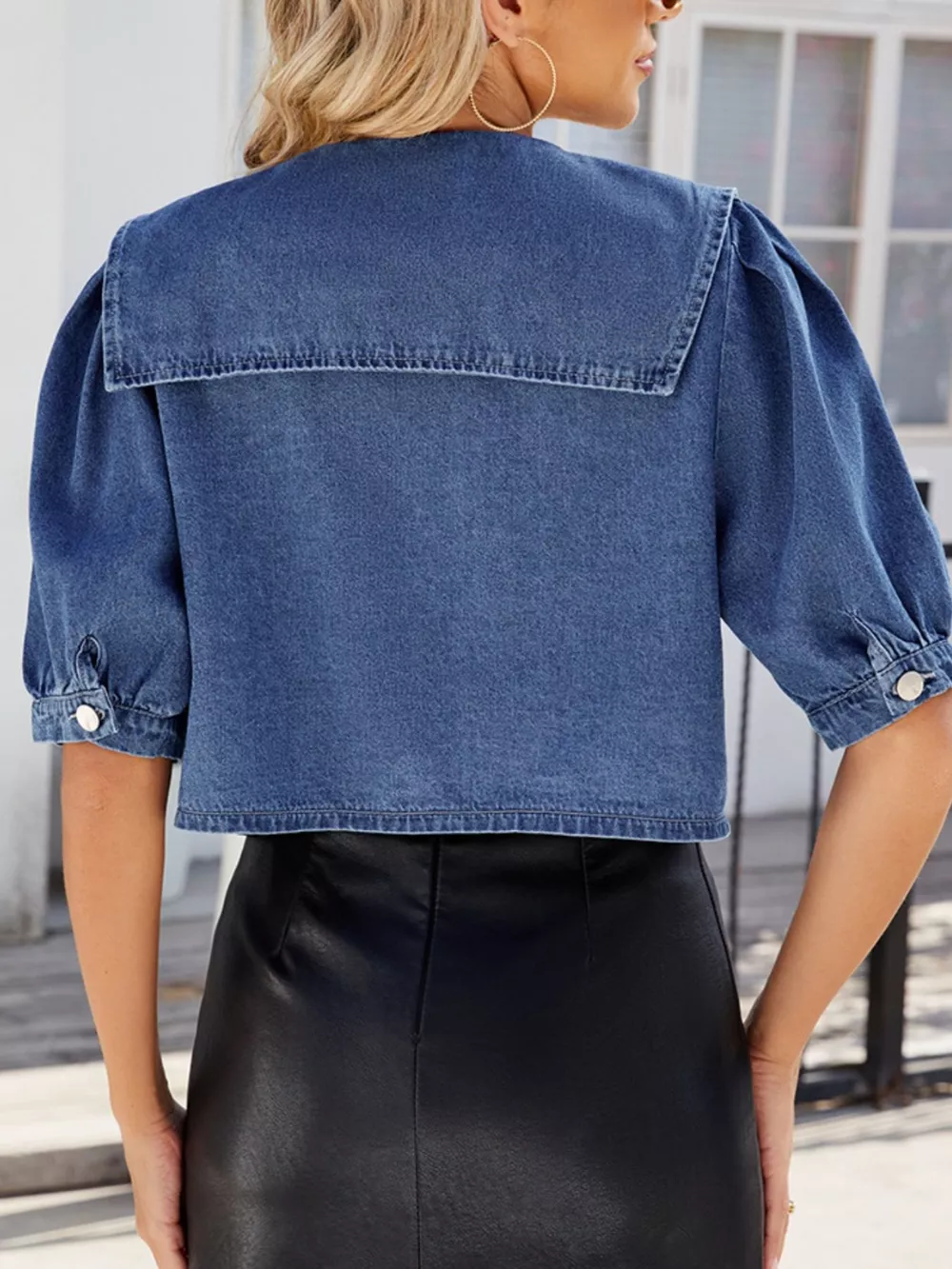 Button Up Puff Sleeve Denim Top, image 3