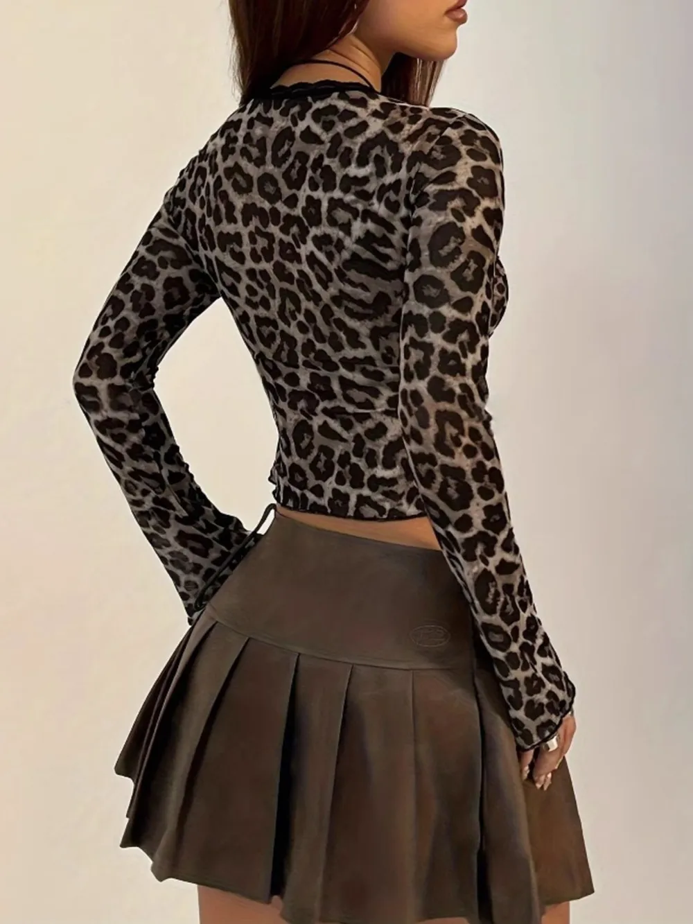 Leopard Print Long Sleeve Tie-Front Top, image 4