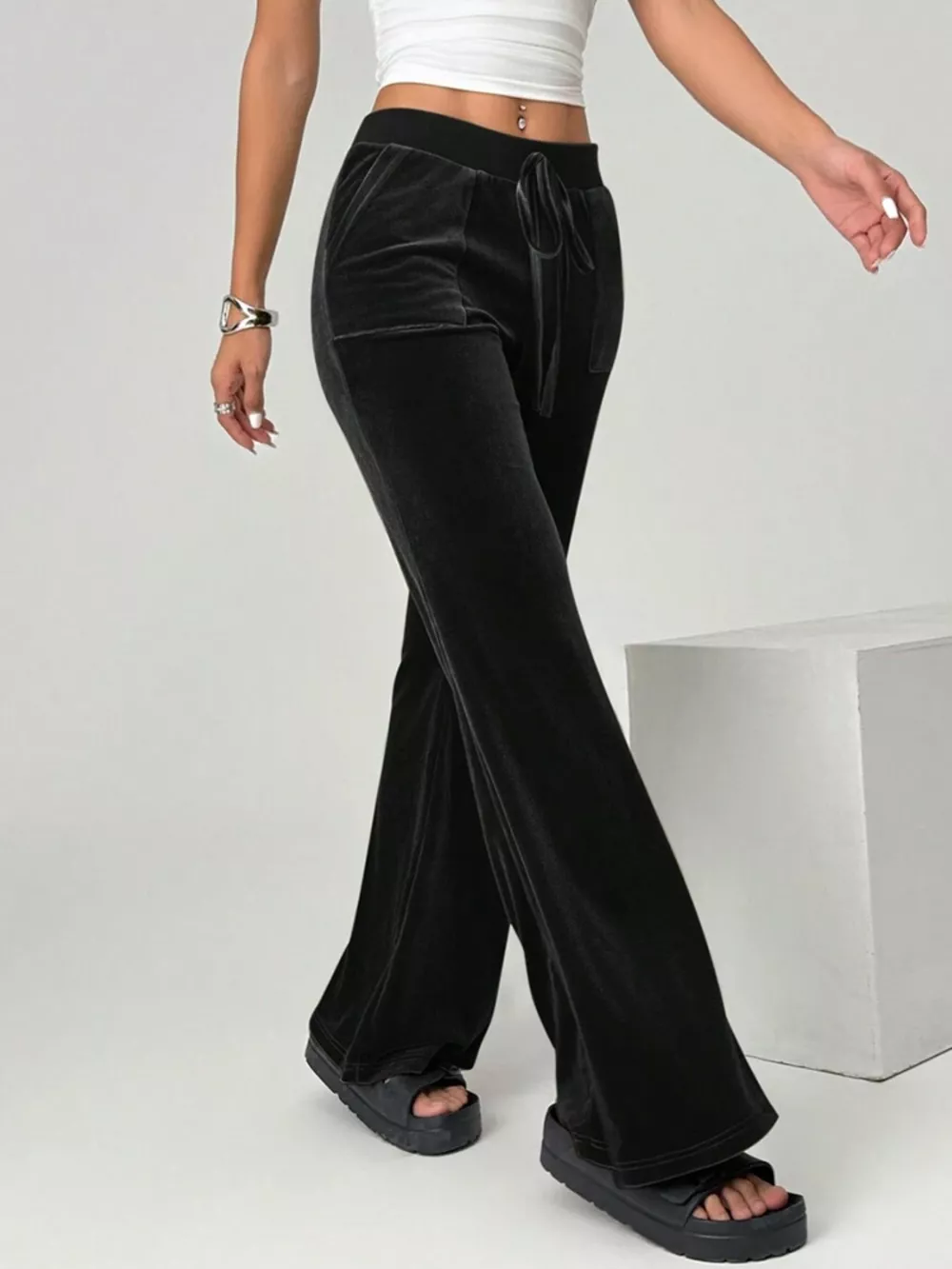 Velvet Flare Pants with Drawstring, image 3