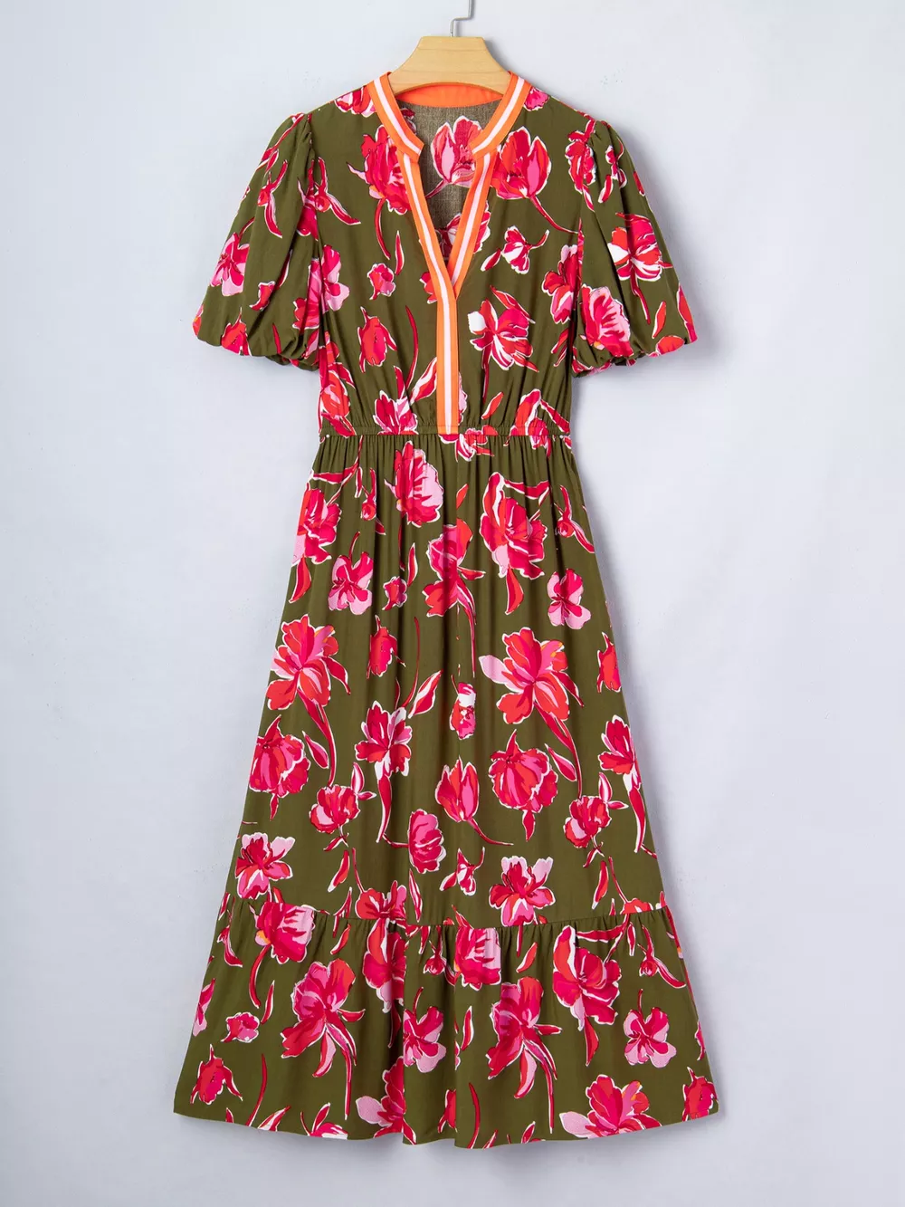 Floral Print Split Neck Short Puff Sleeve Ruffle Hem Dress, image 6