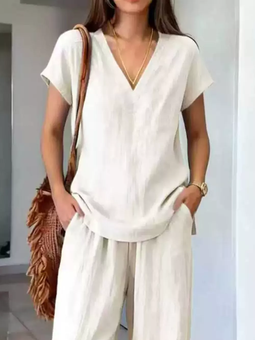 Full Size V-Neck Short Sleeve Top and Pants Set Plus Size, image 2