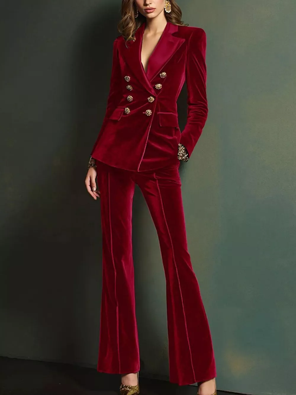 Velvet Double-Breasted Blazer and Flare Pant Set, image 8