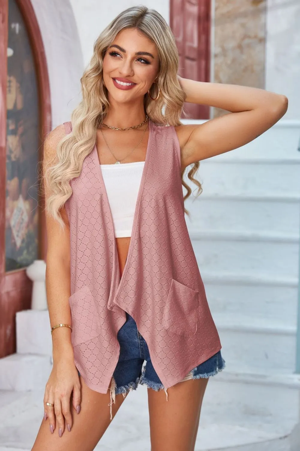 Eyelet Open Front Sleeveless Cardigan, image 8