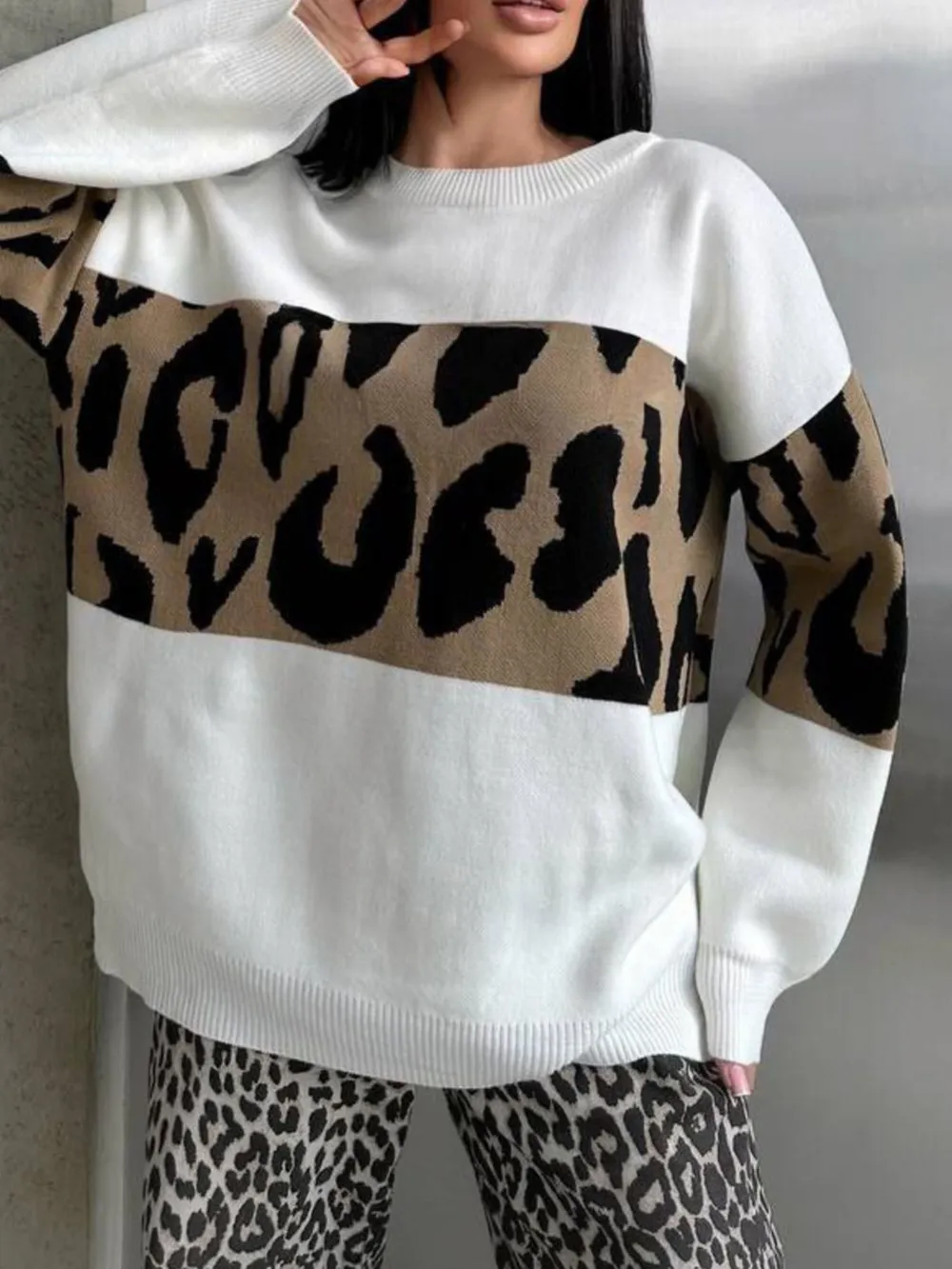 Leopard Color Block Round Neck Sweater, image 6