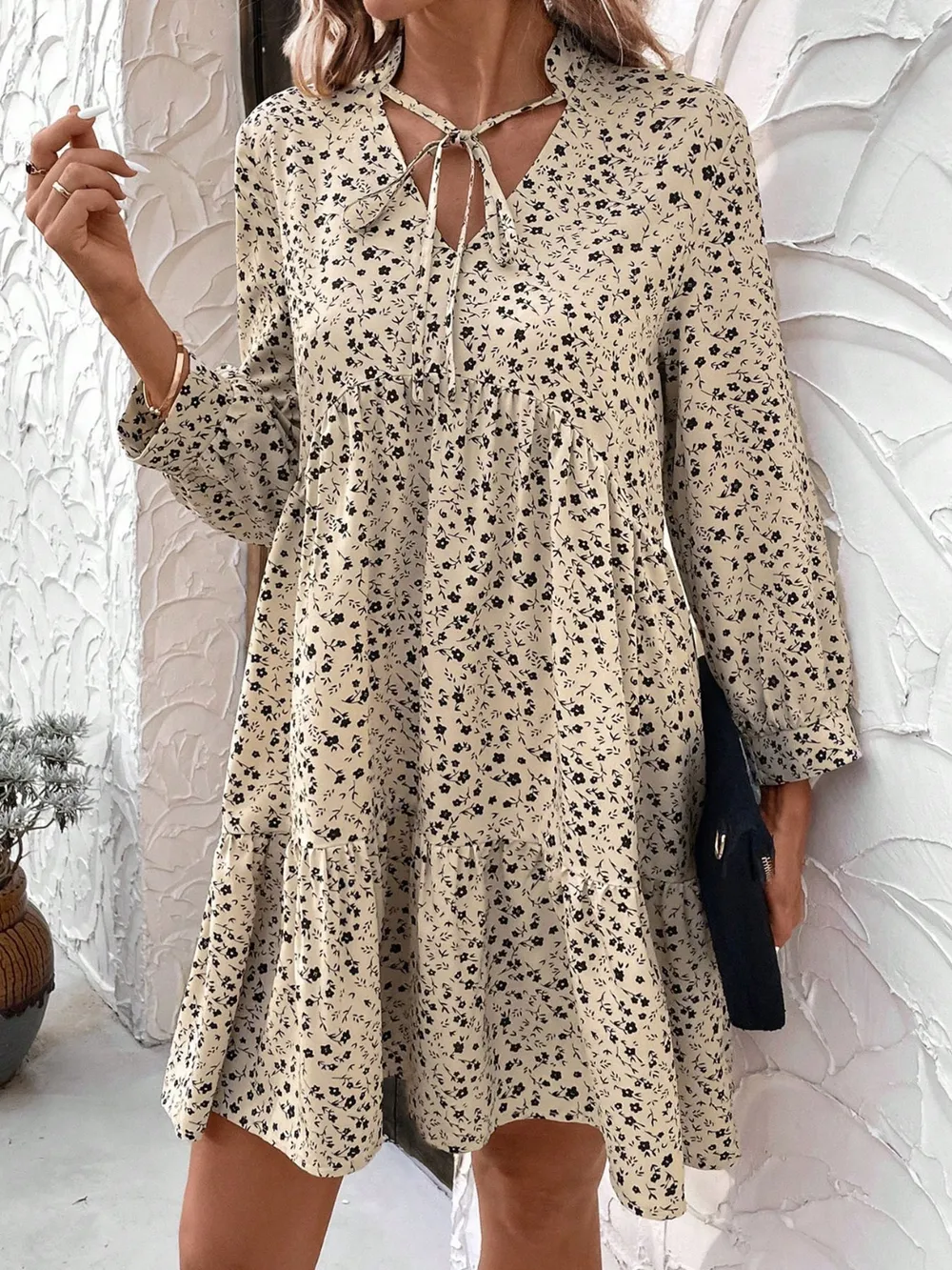 Tied Printed Long Sleeve Mini Dress, image 3