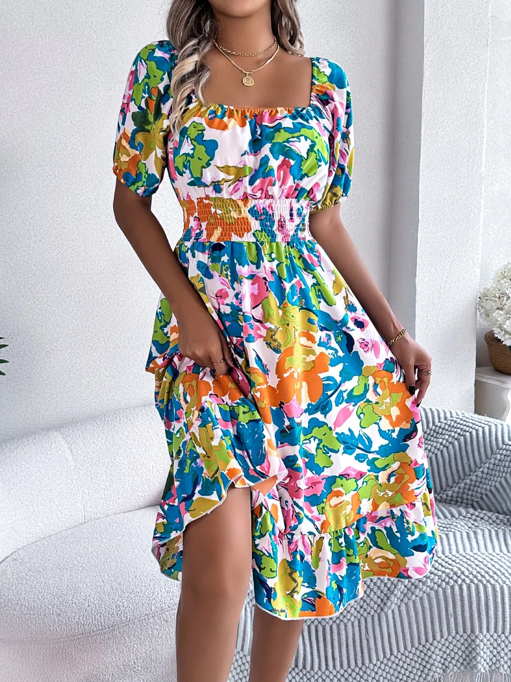 Ruffled Hem Smocked Floral Short Sleeve Midi Dress, image 4
