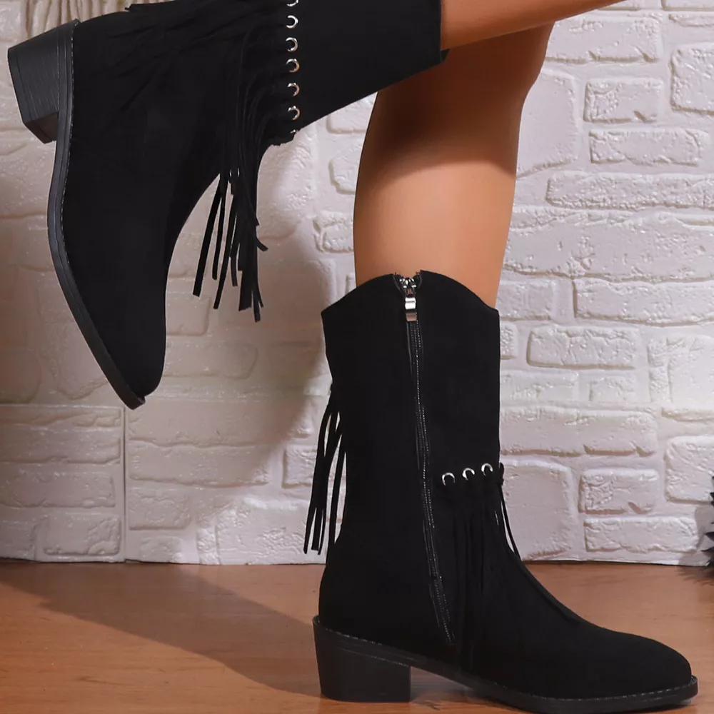 Fringe Western Block Heel Boots, image 6