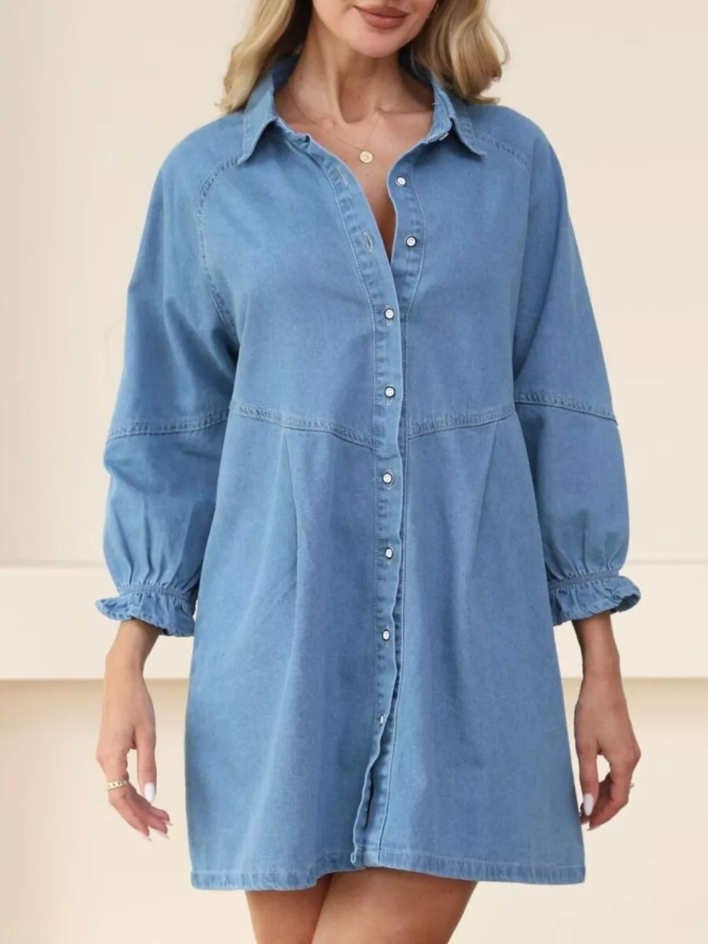 Classic Button-Down Long Sleeve Denim Shirt Dress, image 2