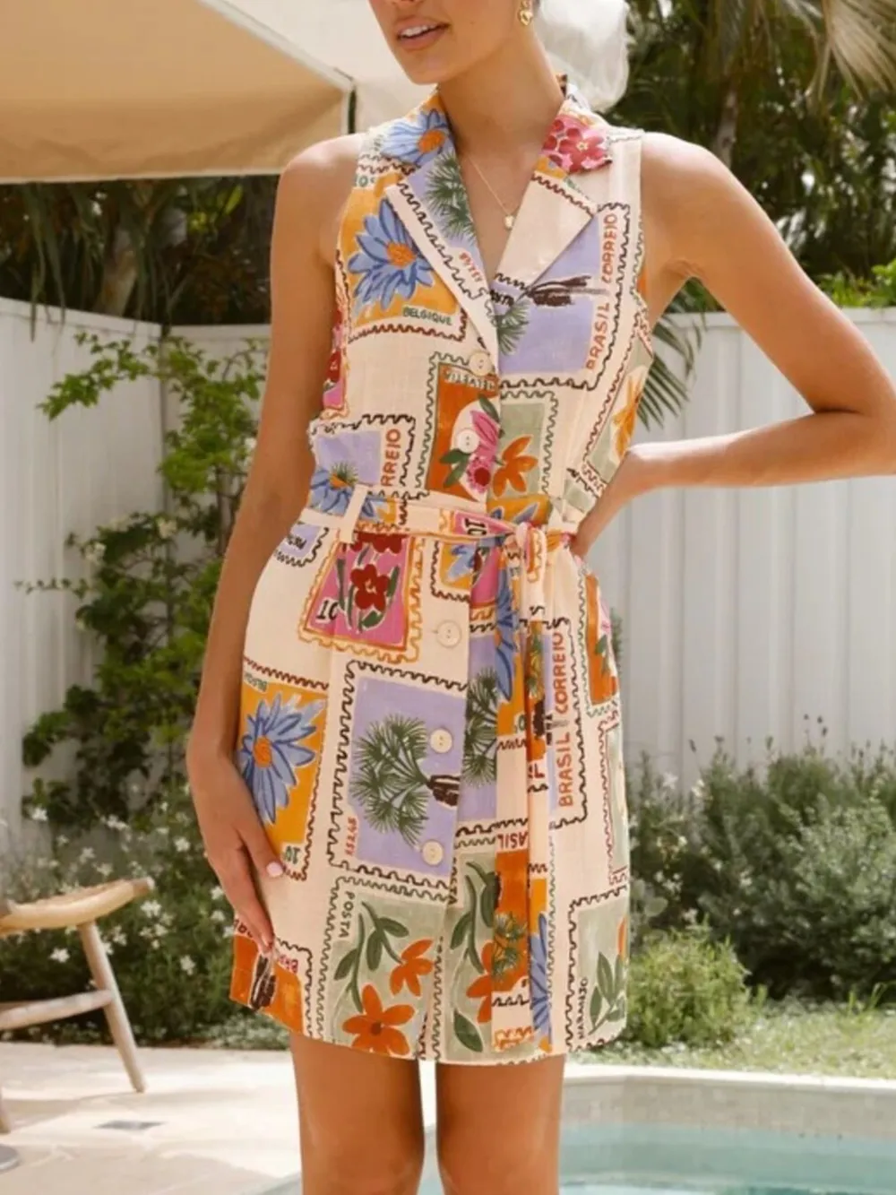 Printed Sleeveless Tie Waist Dress, image 4