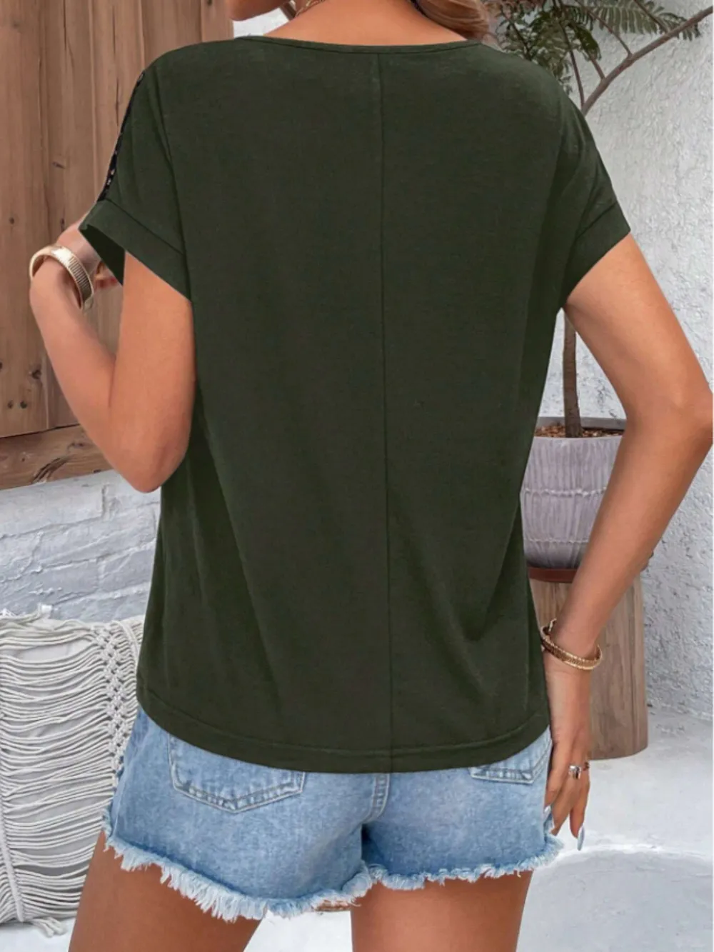 Lace Round Neck Short Sleeve T-Shirt, image 5