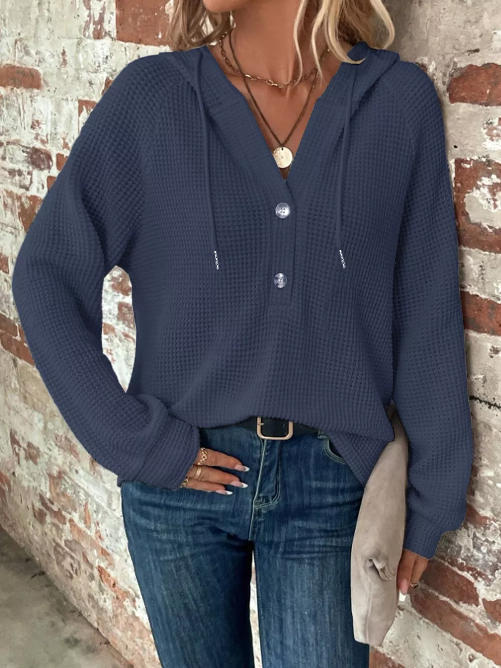 Full Size Button Detail Waffle Knit Hoodie Plus Size, image 3