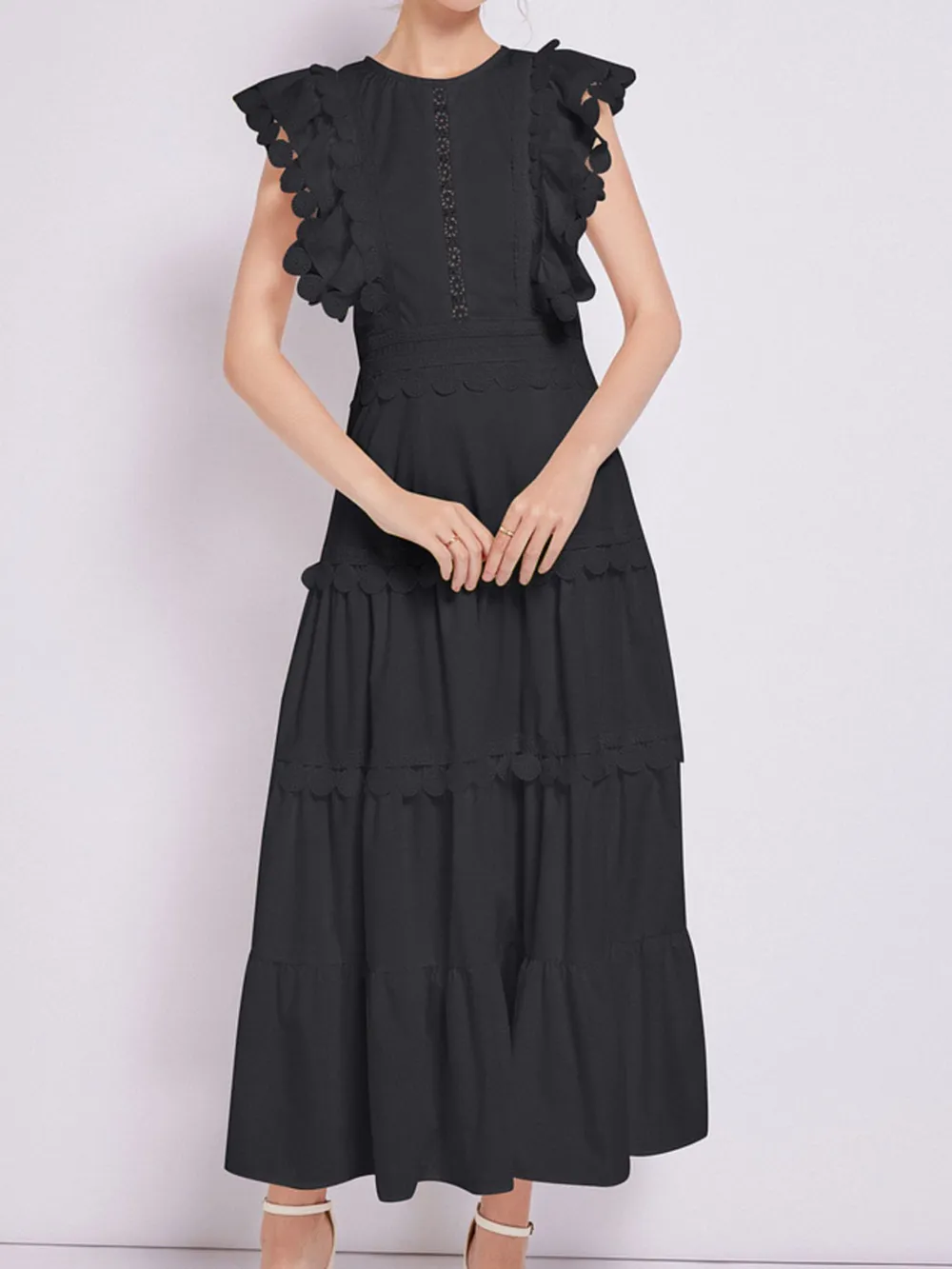 Sleeveless Ruffled Tiered Dress with Embroidered Trim, image 2