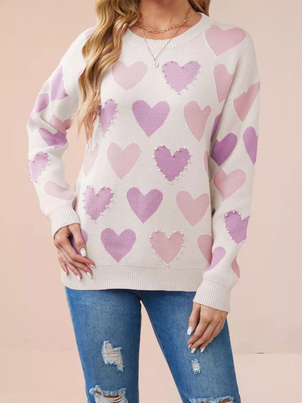 Heart Pattern Pearl Embellishments Sweater, image 2