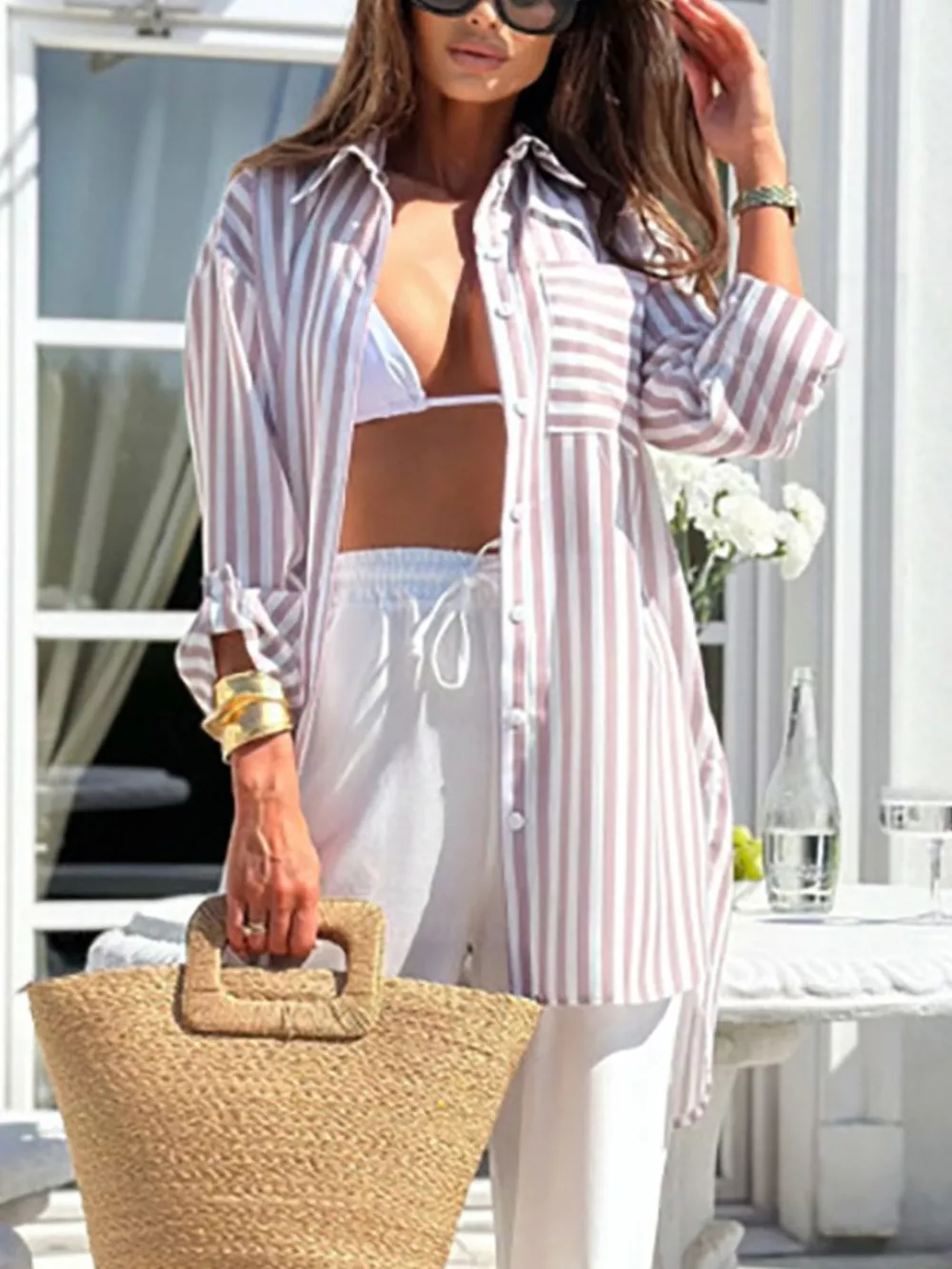 Printed Long Sleeve Tie Waist Oversized Shirt, image 16