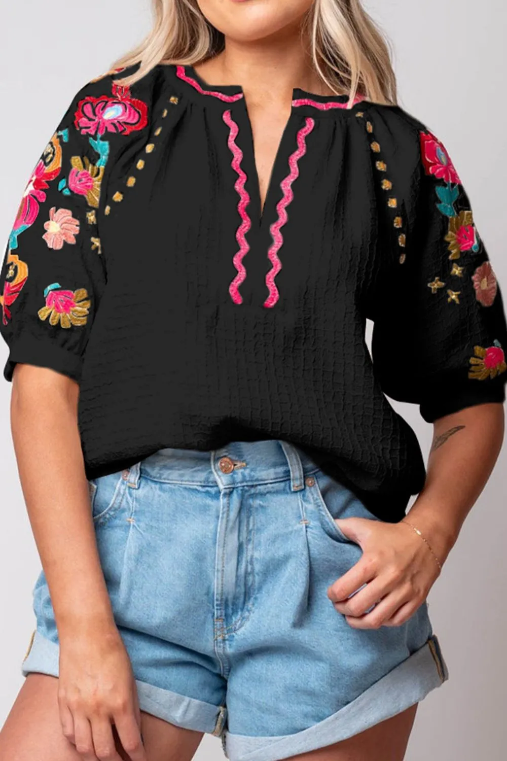 Floral Embroidered Notched Puff Sleeve Blouse, image 4