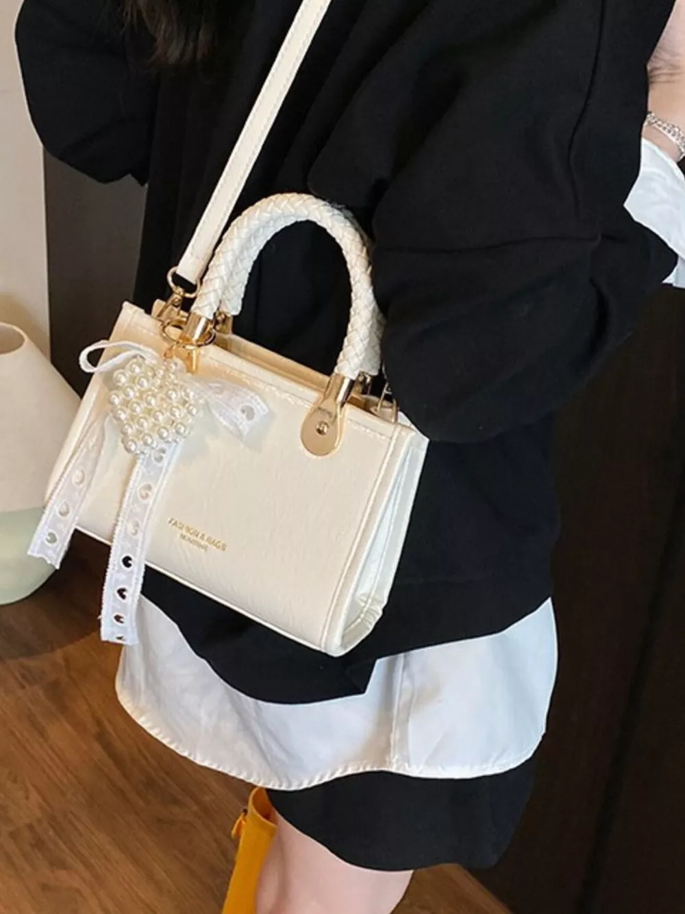 Braided Handle Pearl Decor Crossbody Bag, image 5