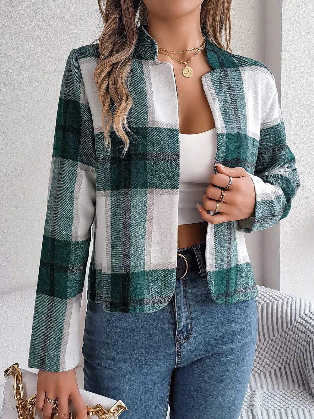 Plaid Open Front Long Sleeve Jacket, image 24