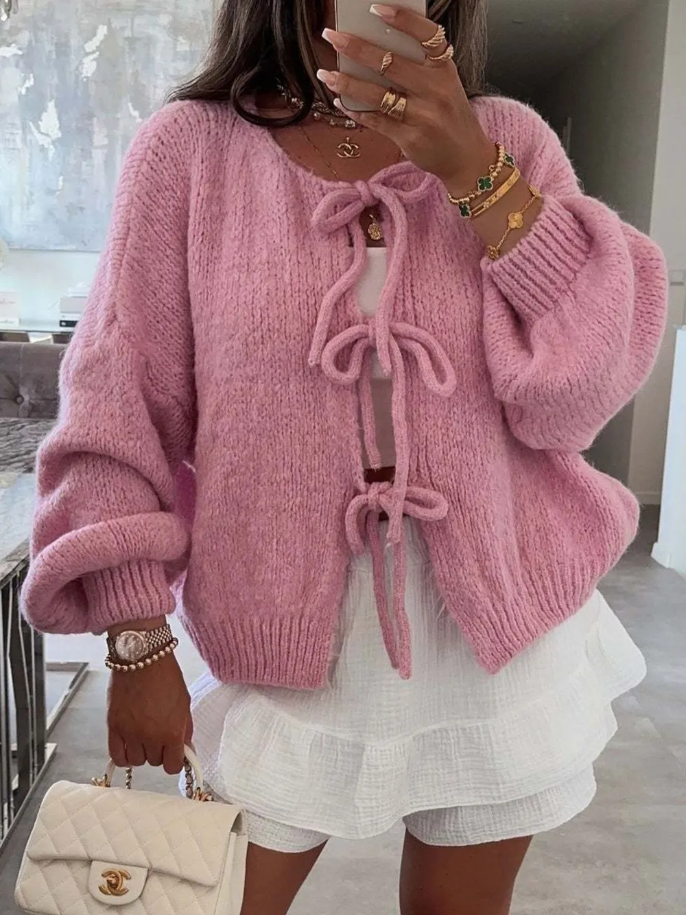 Cozy Bow-Tie Front Knit Cardigan, image 7