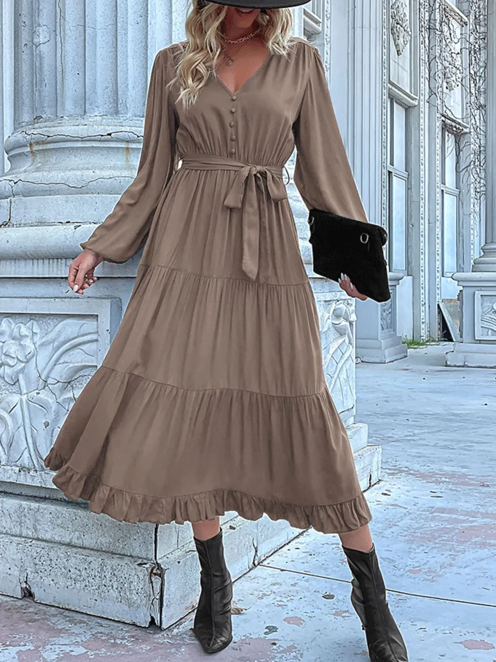 Ruffled Hem V-Neck Balloon Sleeve Dress, image 6