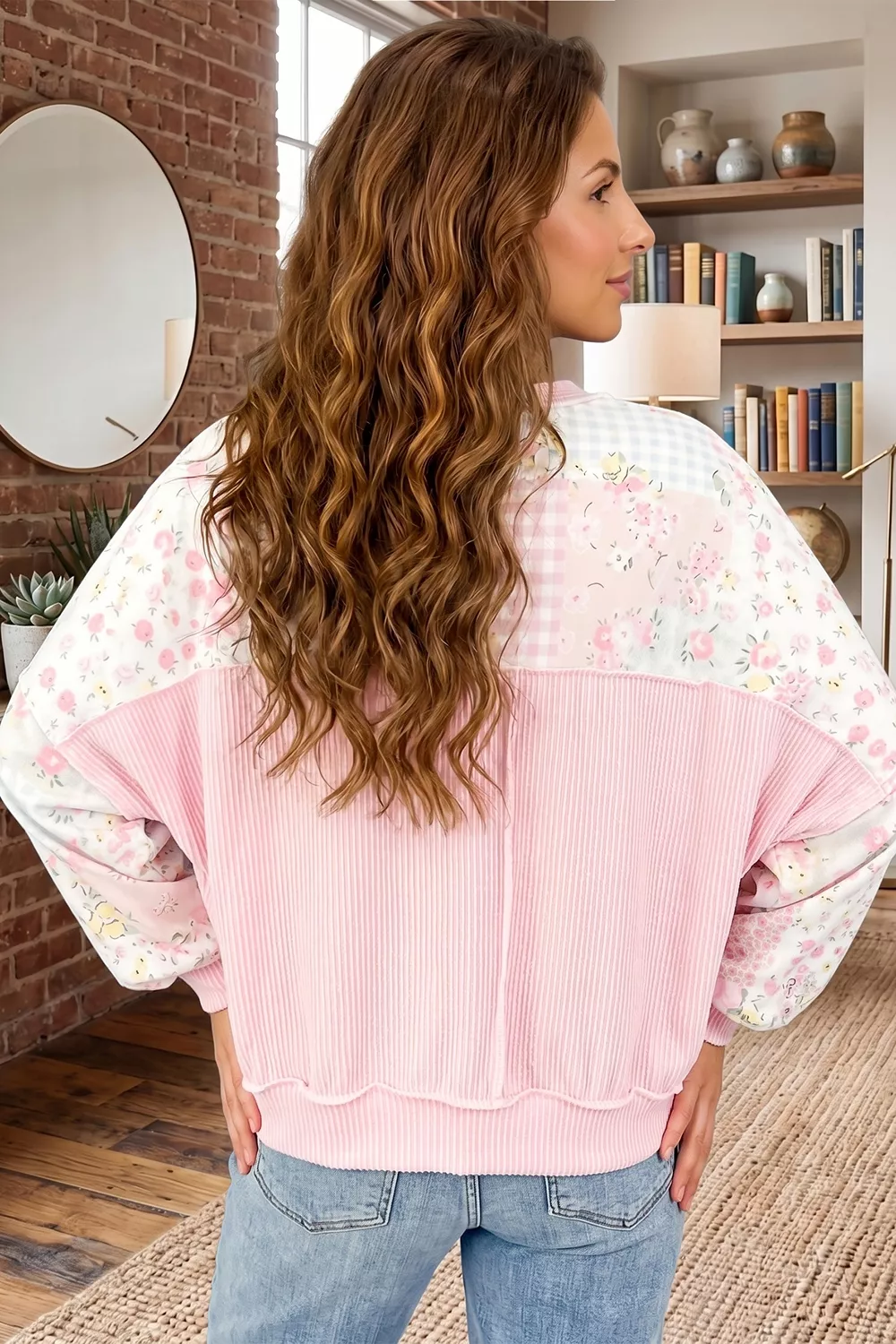 Twisted Ribbed Trim Floral Print Patchwork Long Sleeve Top, image 5