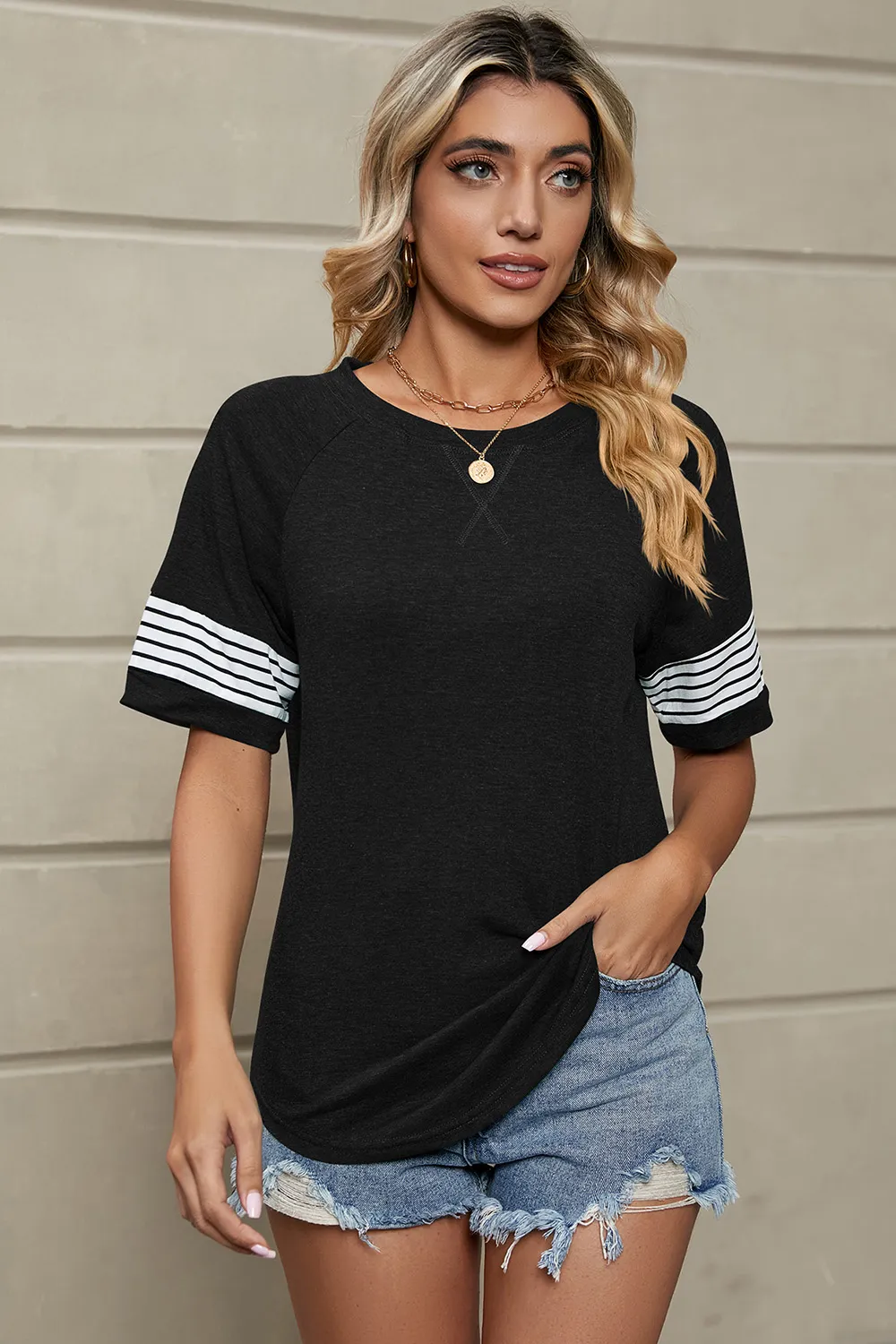 Striped Round Neck Short Sleeve T-Shirt, image 8