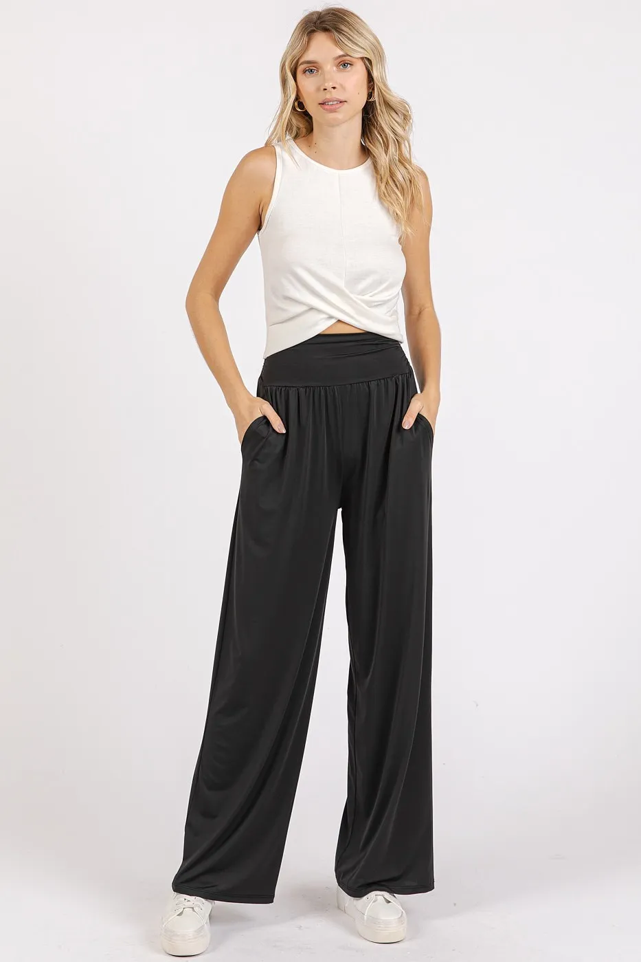 Stretch Banded Waist Wide Leg Pants with Pockets, image 5