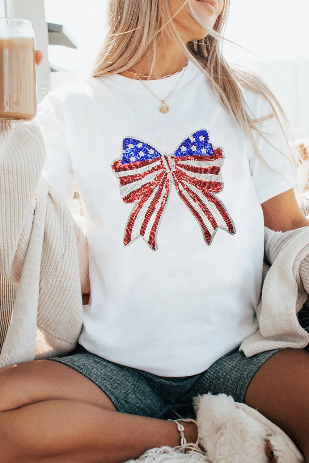 USA Flag Bow Knot Patched Crew Neck T Shirt, image 3