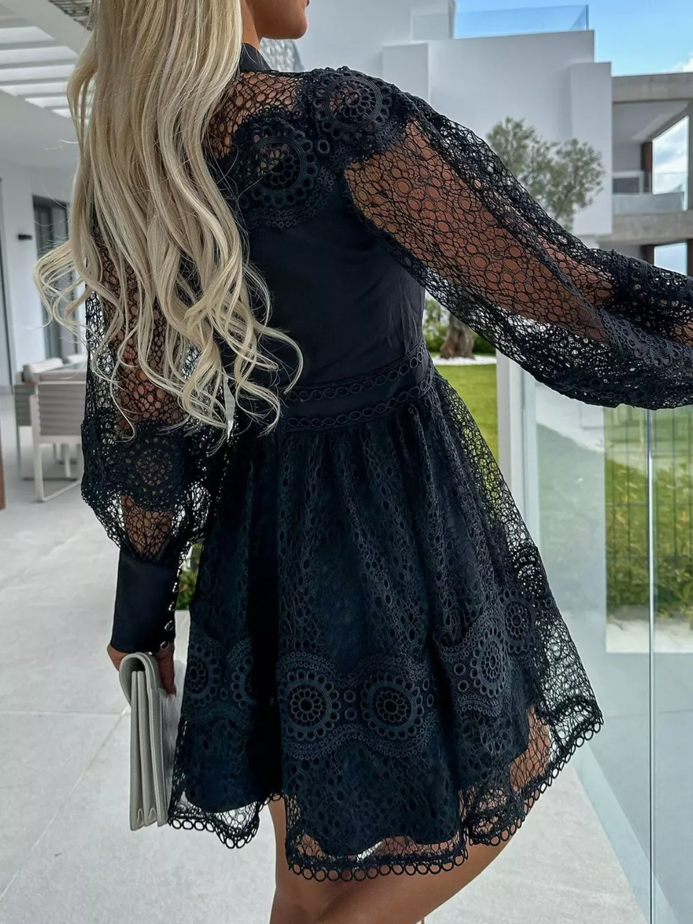 Lace Lantern Sleeve Mini Dress, image 3