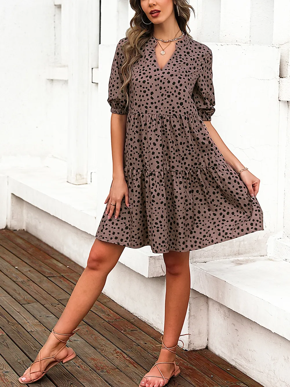 Printed Notched Half Sleeve Dress, image 3