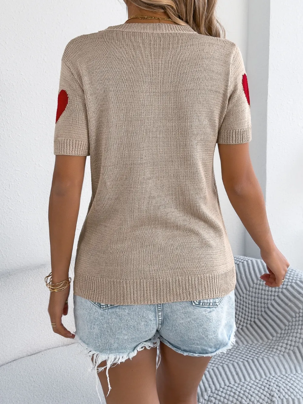 Heart Round Neck Short Sleeve Knit Top, image 4