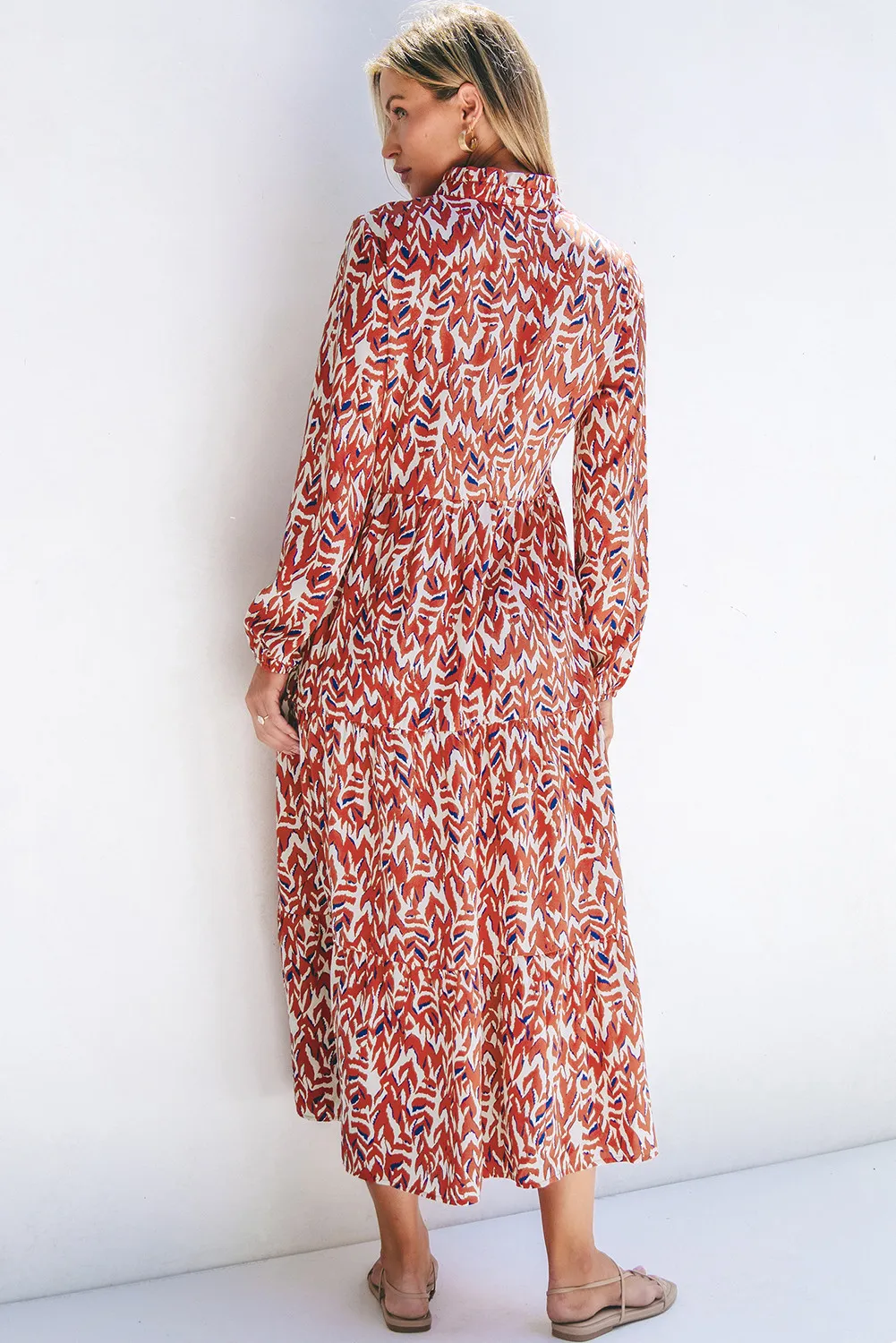 Printed Notched Long Sleeve Dress, image 2