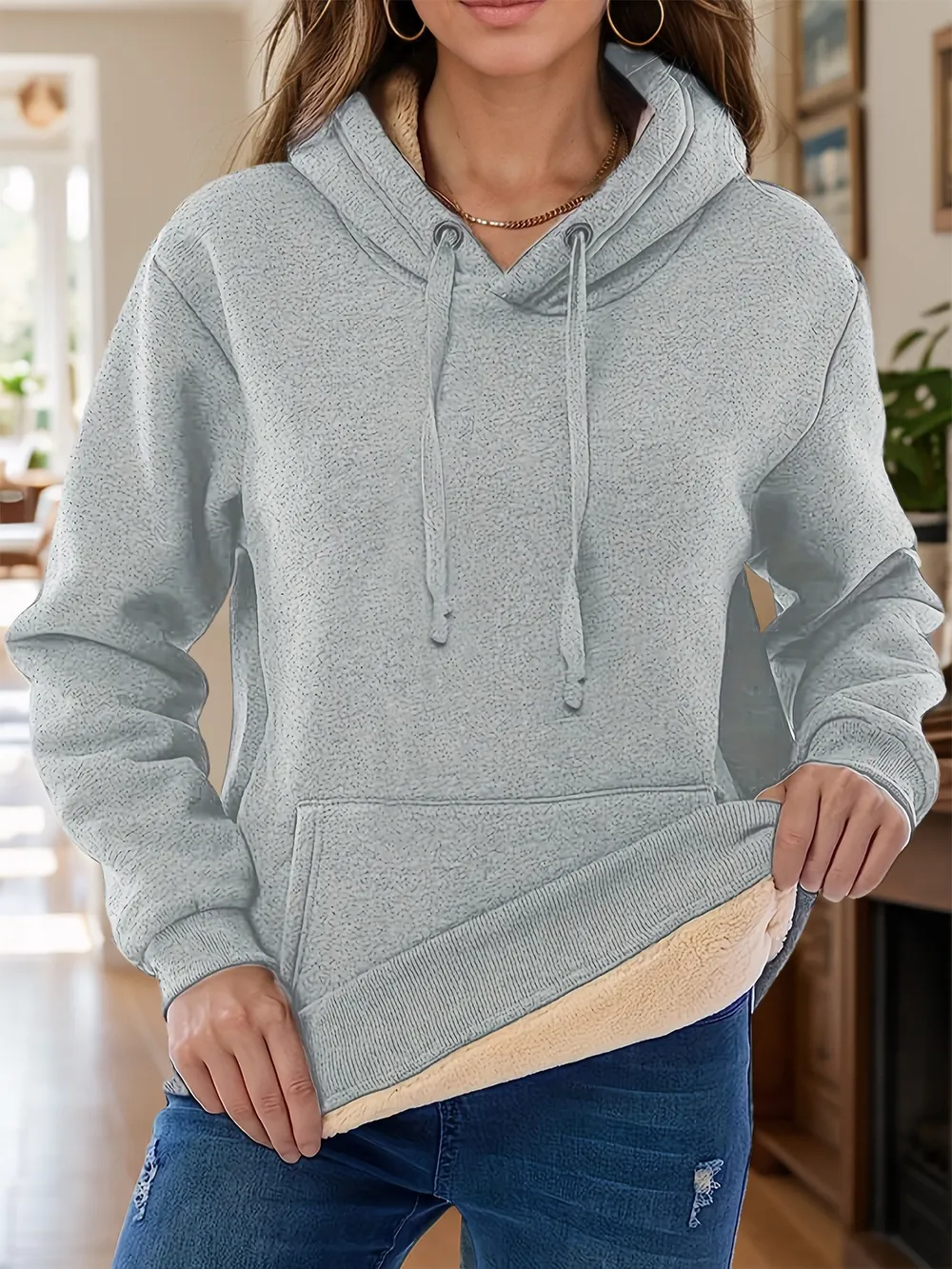 Drawstring Long Sleeve Hoodie with Kangaroo Pocket, image 13
