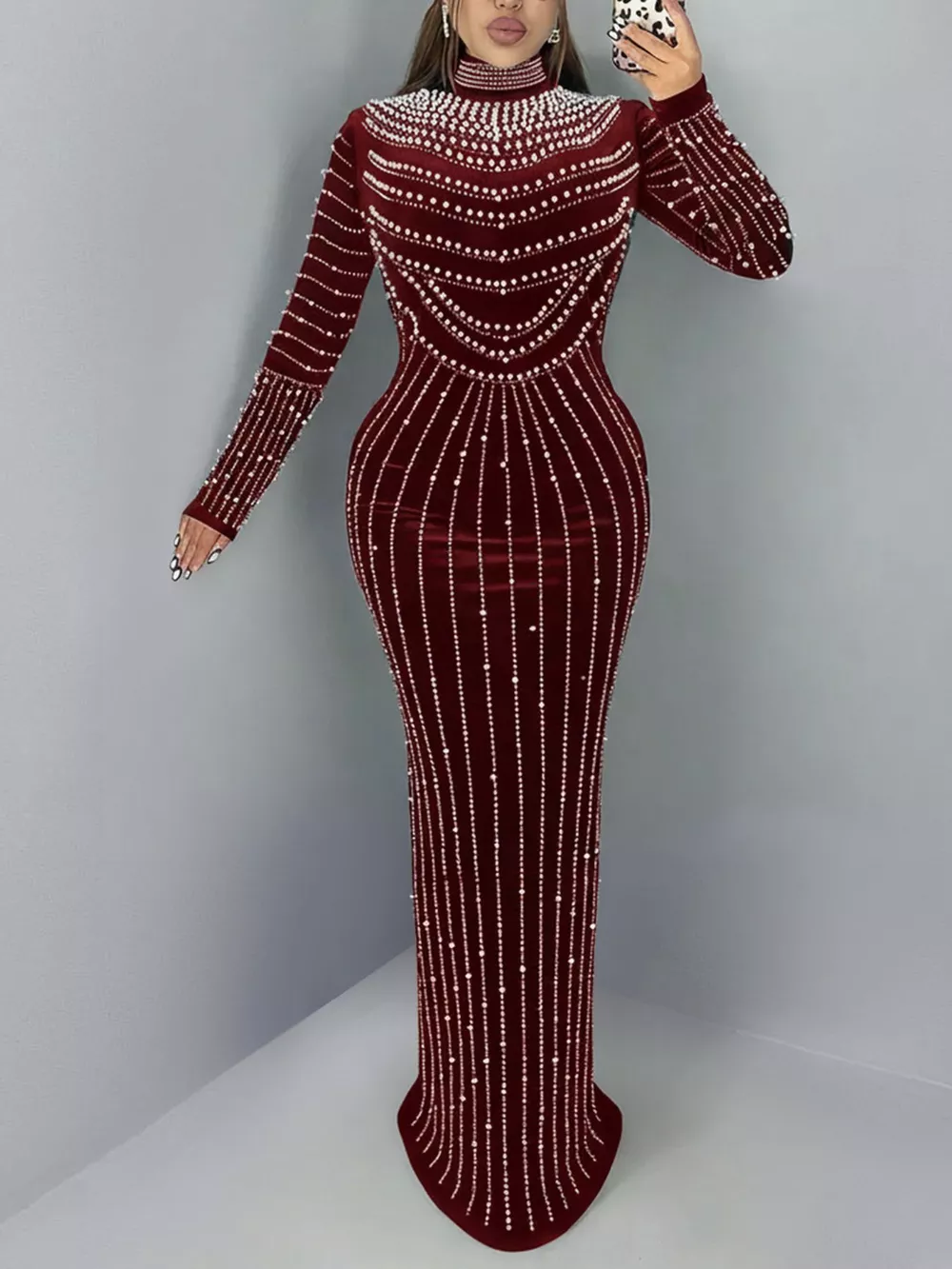 Rhinestone Embellished Mock Neck Long Sleeve Maxi Dress, image 7