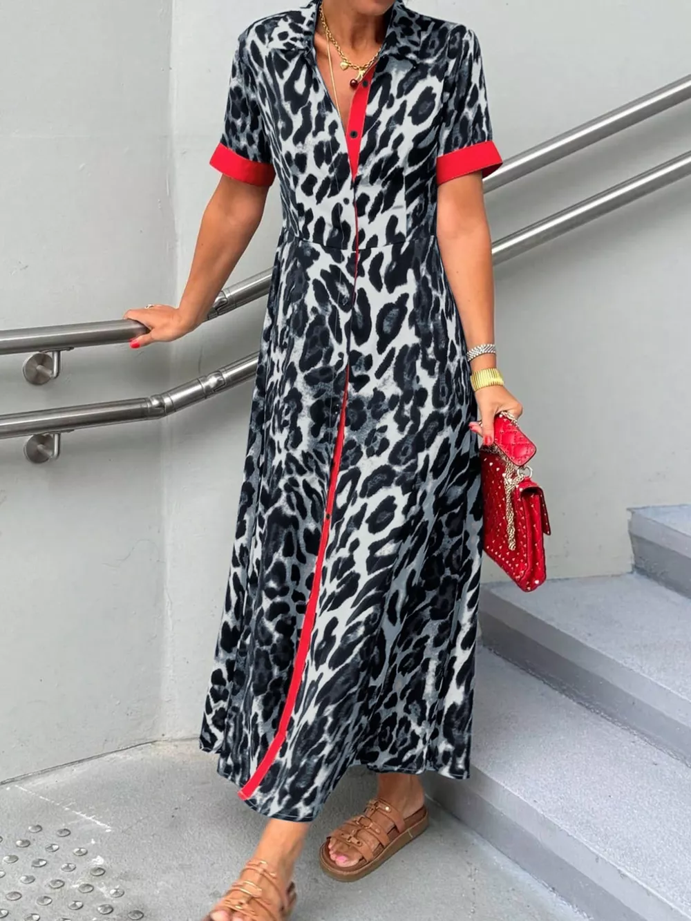 Leopard Print Button-Down Dress with Contrast Trim, image 7