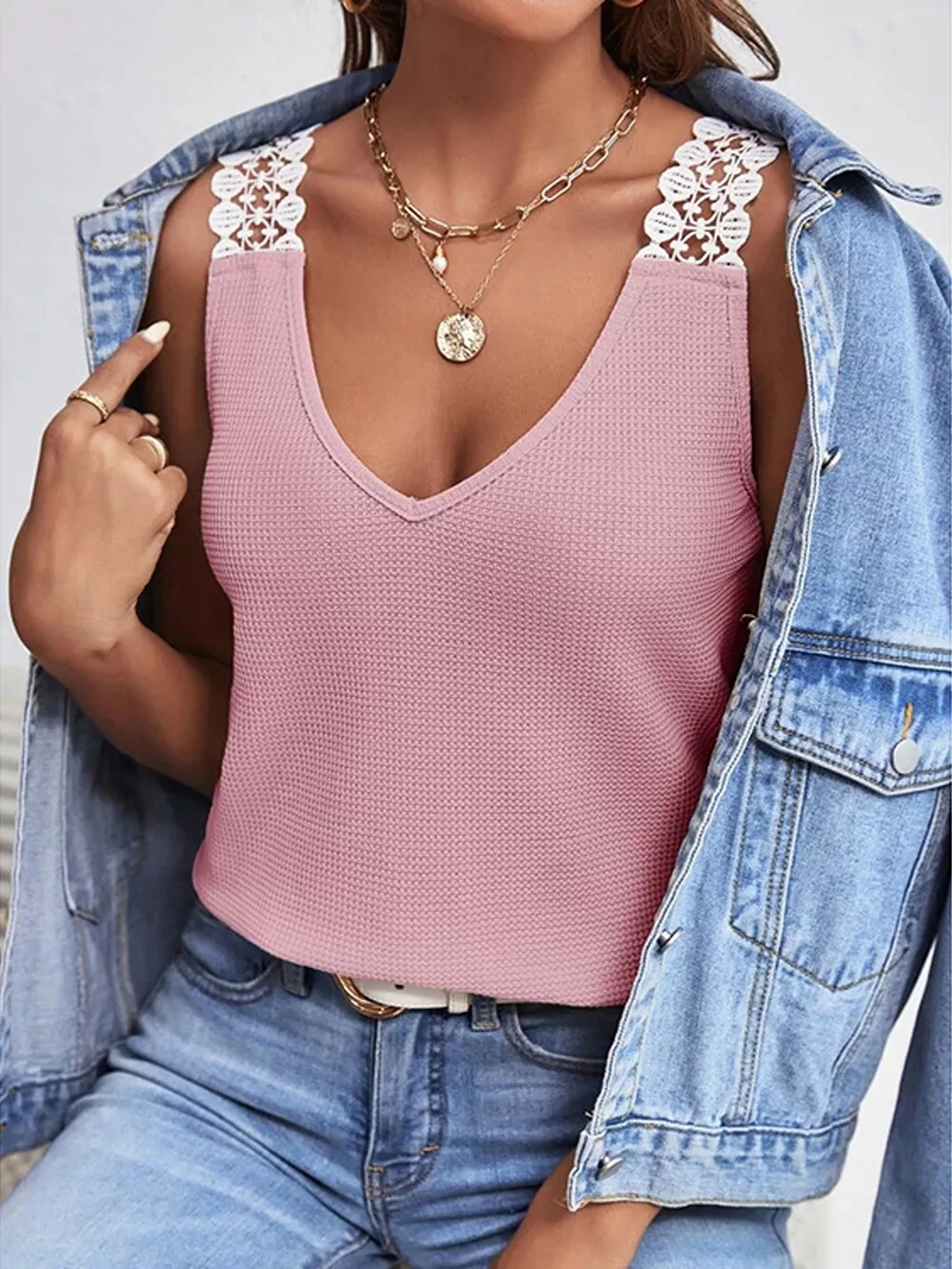 Lace Trim V-Neck Tank Top, image 3