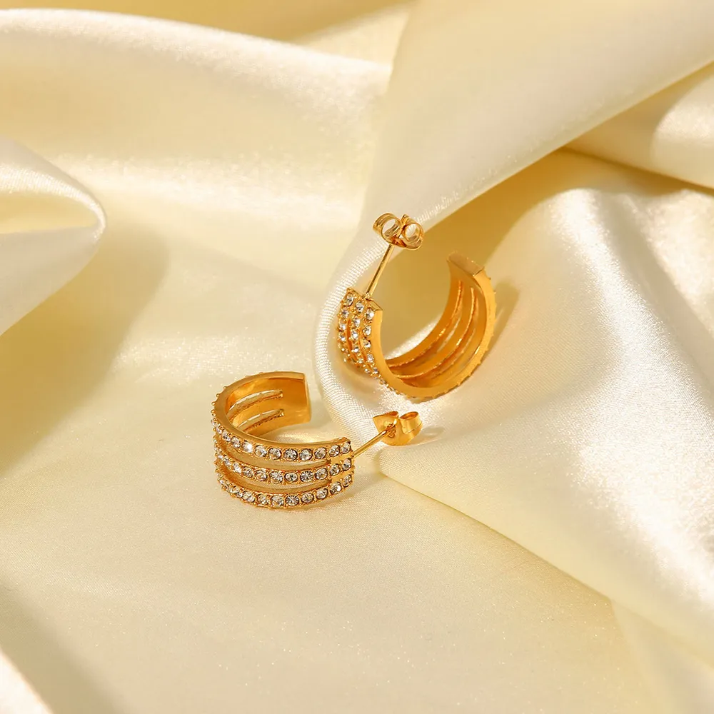 Stainless Steel Inlaid Zircon C-Hoop Earrings, image 4