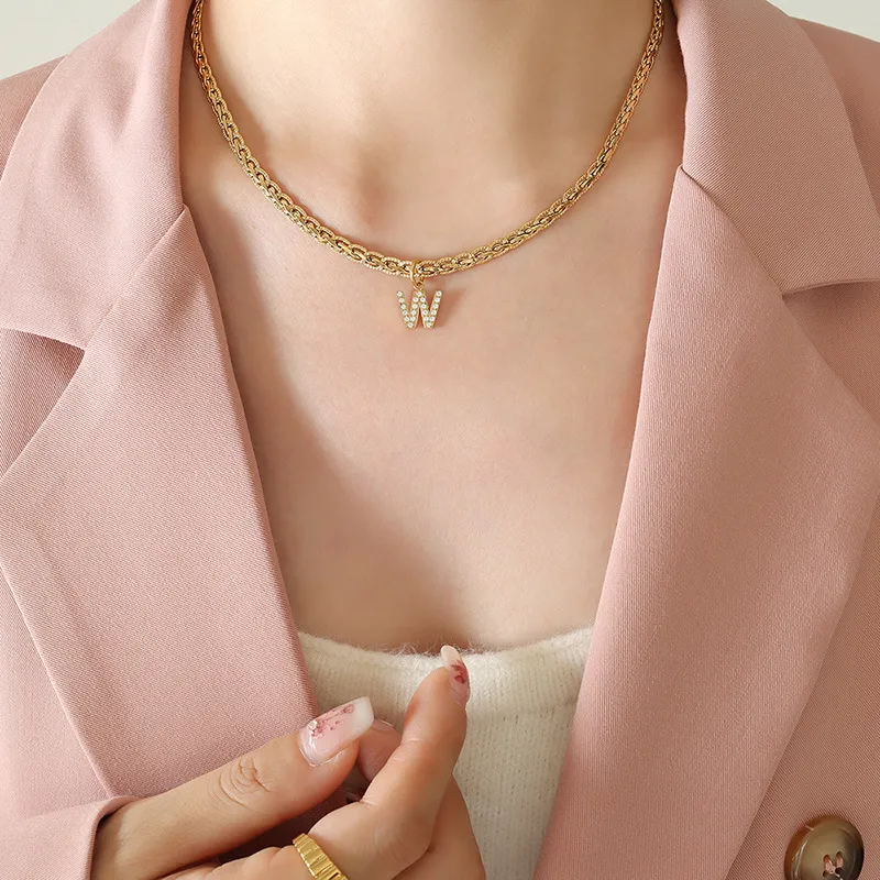 Brass Inlaid Zircon Letter Pendant Necklace, image 3