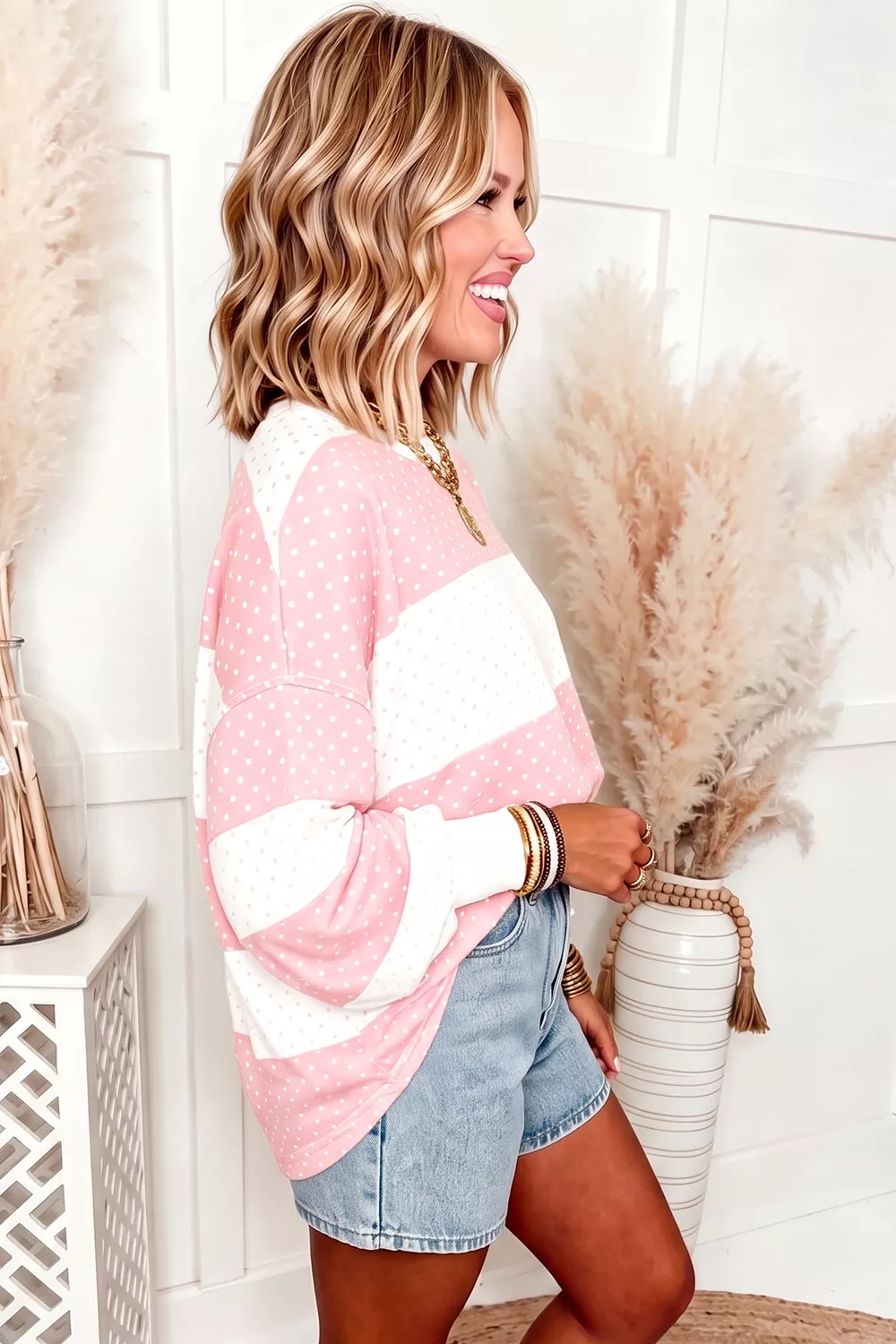 Casual Color-Block Polka Dot Long Sleeve Top, image 3