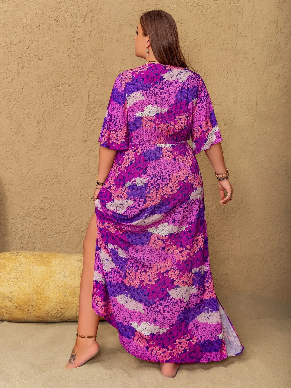 Plus Size Slit Printed Half Sleeve Maxi Dress, image 4