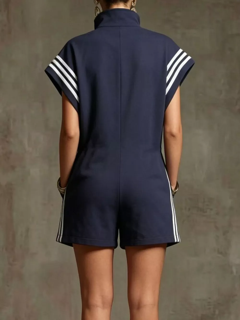 Striped Zip Front Short Sleeve Romper, image 9