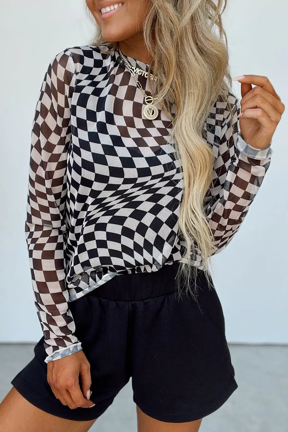 Checkered Mock Neck Long Sleeve Blouse, image 3