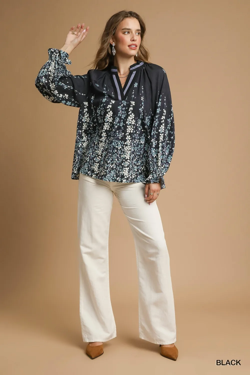 Full Size Floral Vine Print Blouse with Balloon Sleeves Plus Size, image 4
