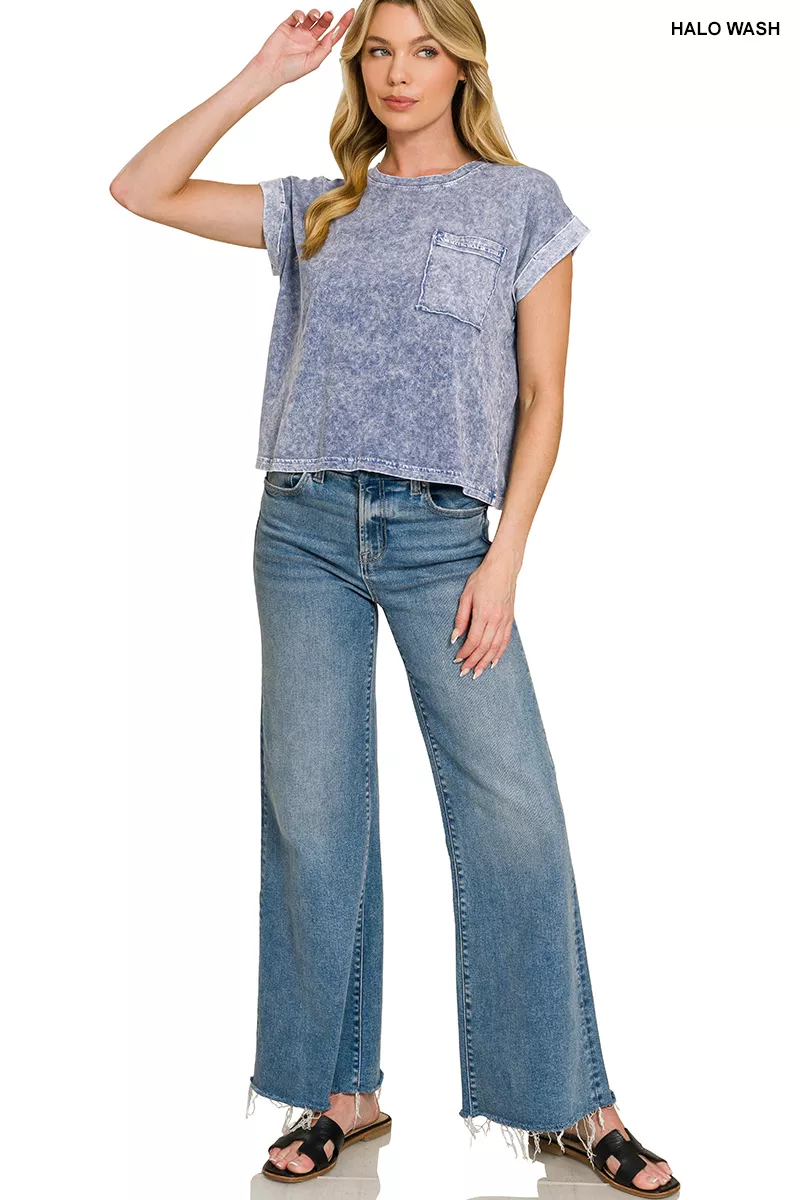 Halo Snow Washed Cotton Cuffed Short Sleeve Top, image 2