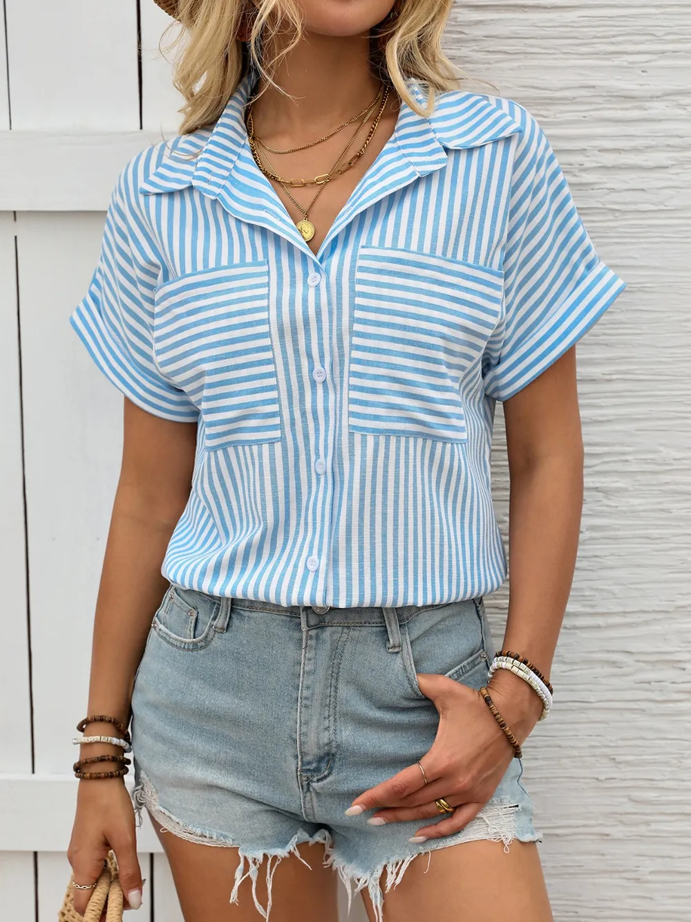 Striped Collared Neck Short Sleeve Shirt, image 2