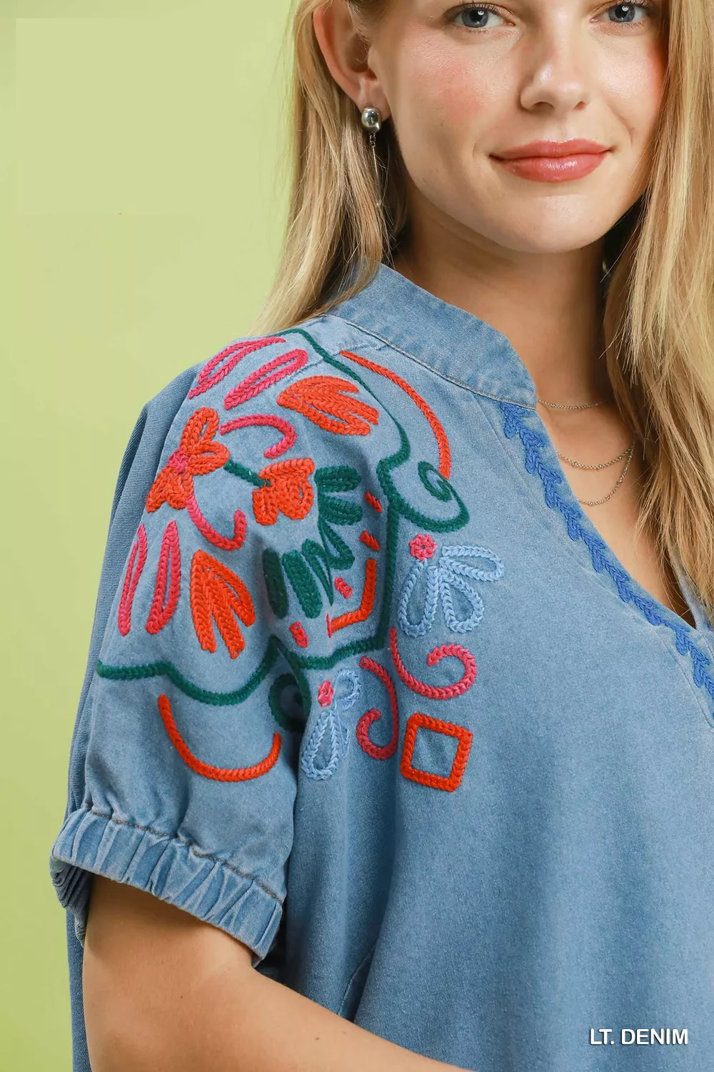 Embroidered Denim Puff Sleeve Top, image 4